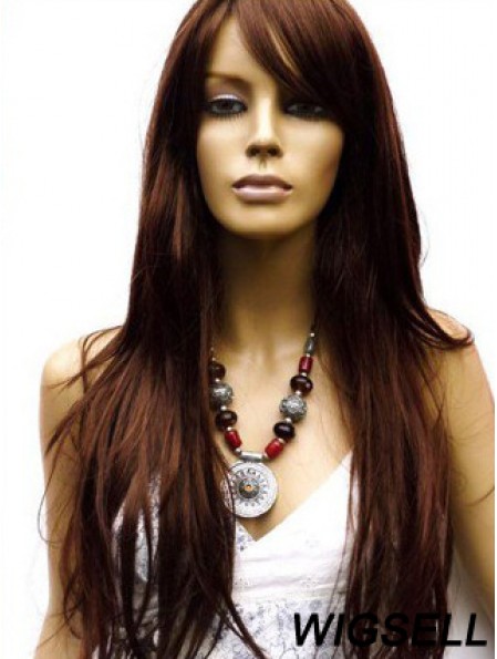 Human Hair Wig Long Length Auburn Color Lace Front With Bangs