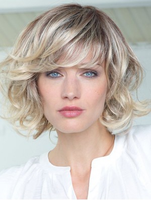 Human Hair Curly Wigs With Bangs Monofilament Shoulder Length Blonde Color