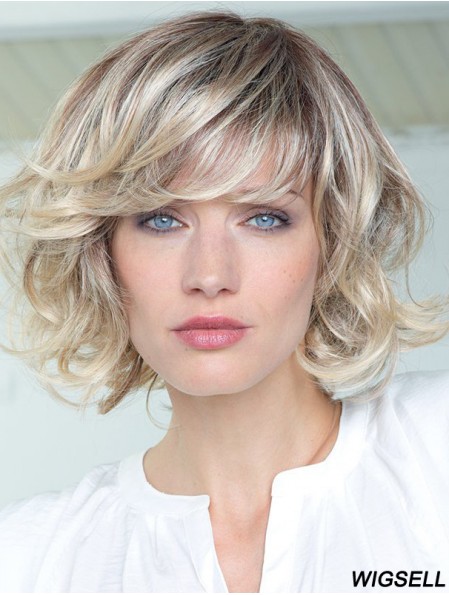 Human Hair Curly Wigs With Bangs Monofilament Shoulder Length Blonde Color