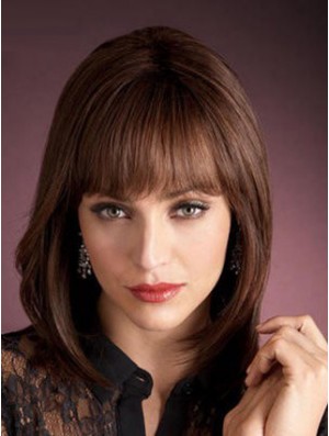 Auburn Wig Shoulder Length Wig With Bangs in Human Hair