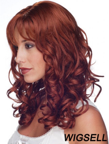 16 inch Red Remy Human Curly Long With Bangs Monofilament Wig Sale UK