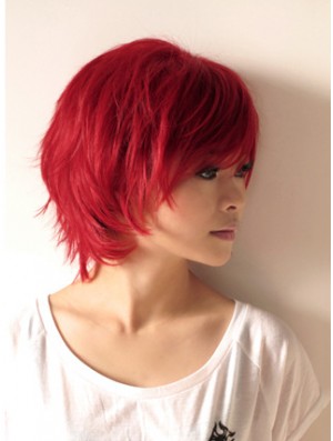 Wavy Wigs In Human Hair Wavy Style Short Length Red Color