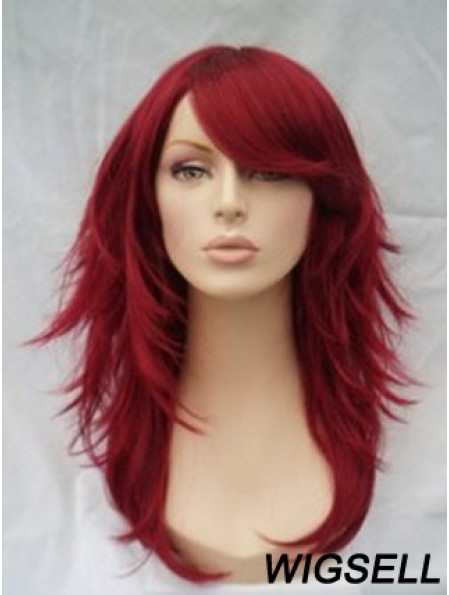 Red Human Hair Wigs Full Wig With Bangs Wavy Style Shoulder Length