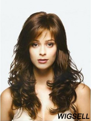 Brown Long Top Wavy With Bangs Human Hair Lace Wigs