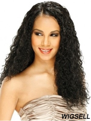 Human Hair Lace Front Wig Curly Style Long Length Black Color