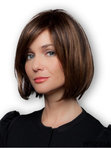 Brown Bob Wigs Remy Human Chin Length 100% Hand Tied Straight Style