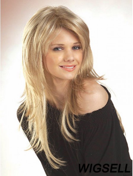 Human Hair Blonde Long Straight Layered Lace Front Wig