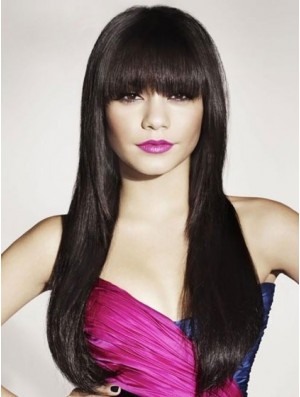 Black Human Hair With Bangs Long Length Straight Style