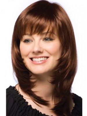 Layered Wig Auburn Human Hair Shoulder Length Wig With Bangs