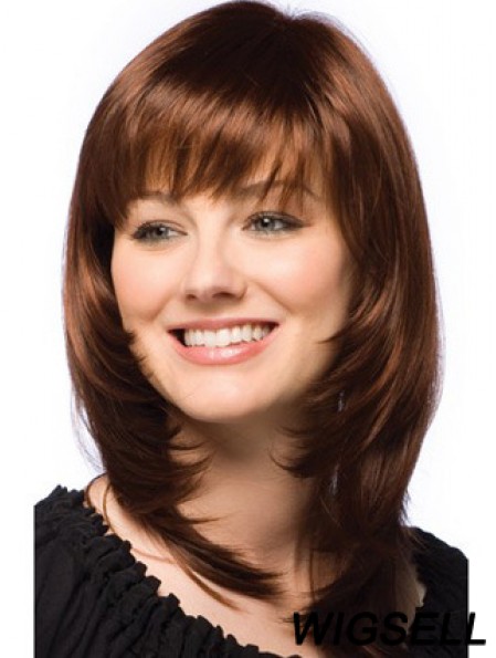 Layered Wig Auburn Human Hair Shoulder Length Wig With Bangs