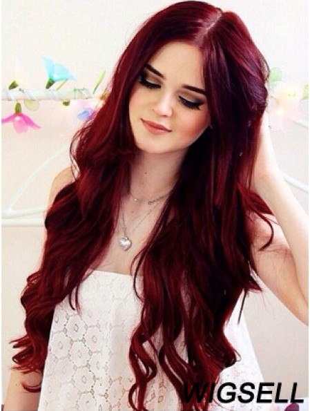 Lace Front Long Length Red Color Wavy Style Human Hair Wig