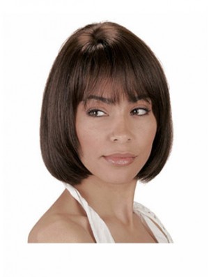 Human Hair Wig Bobs Chin Length Wig With Bangs Natural