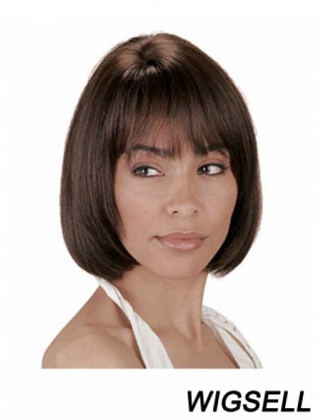 Human Hair Wig Bobs Chin Length Wig With Bangs Natural