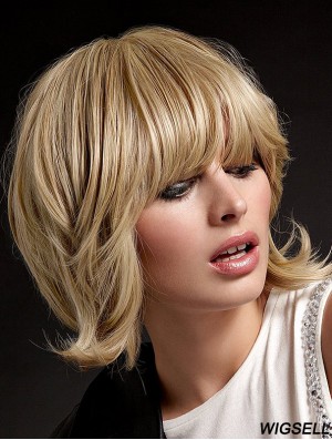 Human Hair Hand Tied Wigs With Bangs Blonde Color Shoulder Length