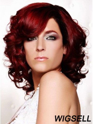 Curly With Bangs Shoulder Length Red Ideal Lace Front Wigs