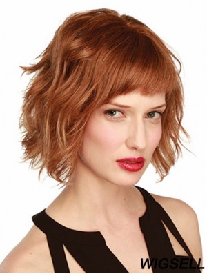 Human Hair Wavy Bob Wig Chin Length Monofilament Wavy Style Auburn