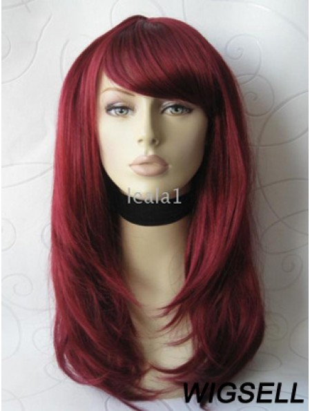 Front Lace Wig With Bangs Long Length Straight Style Red Color