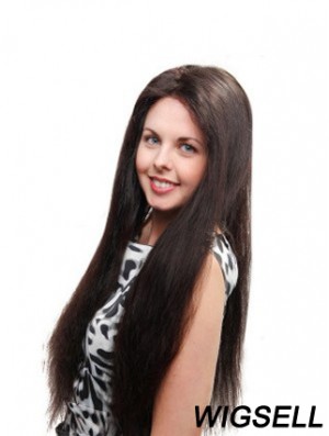 Straight Without Bangs 100% Hand-tied Sleek 26 inch Black Long Wigs