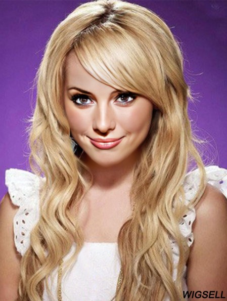 With Bangs Top Wavy Blonde Long Human Hair Lace Front Wigs