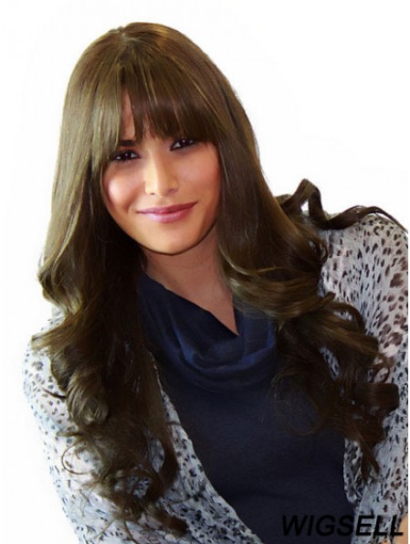With Bangs Natural Wavy Brown Long Human Hair Lace Front Wigs