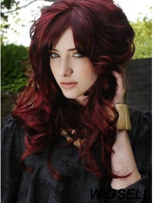 Lace Frontal With Bangs Long Length Red Color Wavy Style