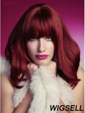 Straight With Bangs Shoulder Length Red Perfect Lace Front Wigs