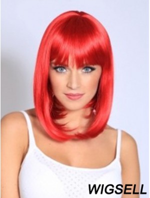 Straight With Bangs Shoulder Length Red Fashionable Lace Front Wigs