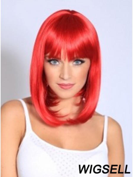 Straight With Bangs Shoulder Length Red Fashionable Lace Front Wigs