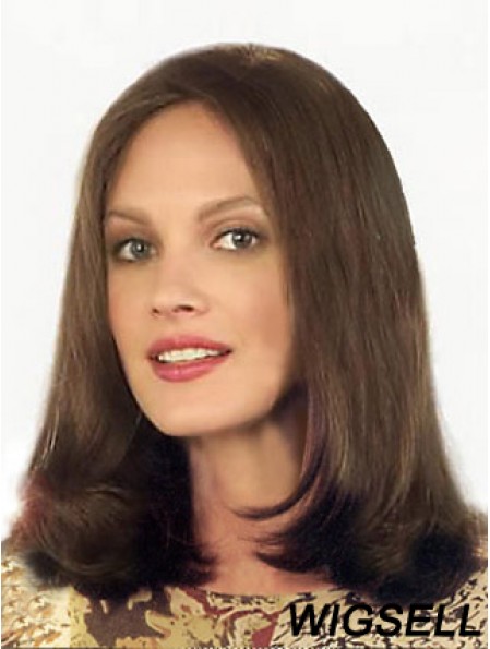 Human Hair Brown Shoulder Length Ideal Straight Without Bangs Lace Wigs