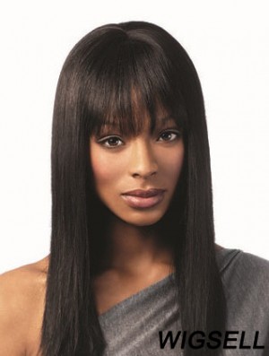 Black Long Wig With Bangs Human Hair African American Straight Wig
