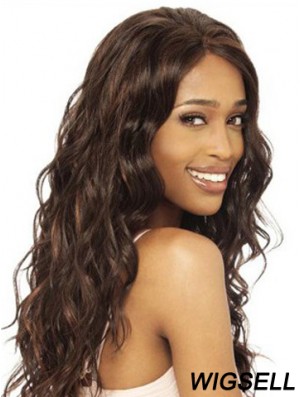 Without Bangs Modern Wavy Brown Long Human Hair Lace Front Wigs