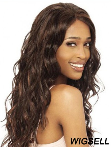 Without Bangs Modern Wavy Brown Long Human Hair Lace Front Wigs