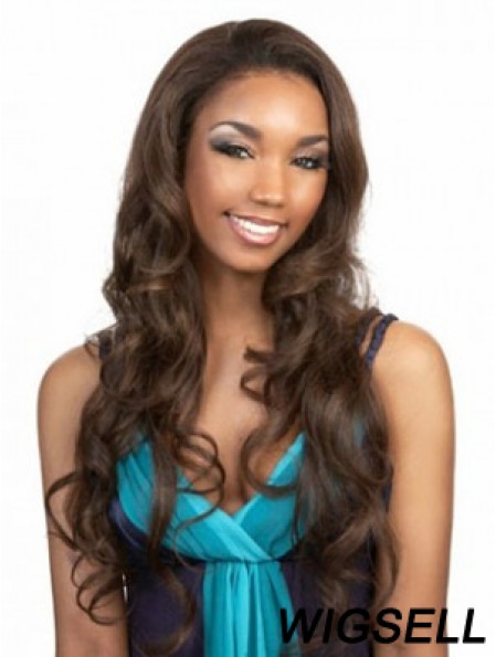 Long Brown Wavy Without Bangs Flexibility African American Wigs