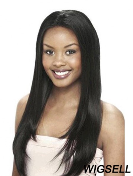 Without Bangs Designed Yaki Black Long Human Hair Lace Front Wigs
