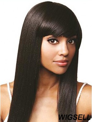 With Bangs Online Straight Black Long Human Hair Lace Front Wigs