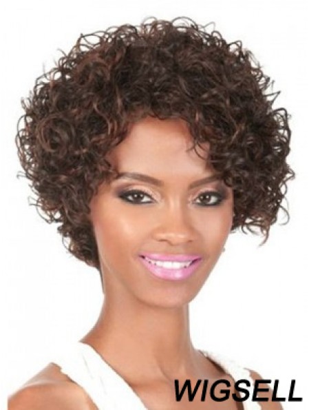 Chin Length Brown Curly With Bangs Natural African American Wigs