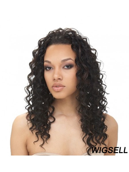 Natural Black Long Without Bangs Curly Glueless Lace Front Wigs