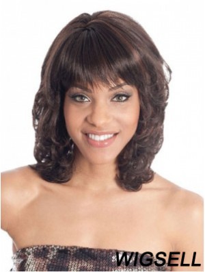 Shoulder Length Brown Wavy With Bangs Fashion African American Wigs