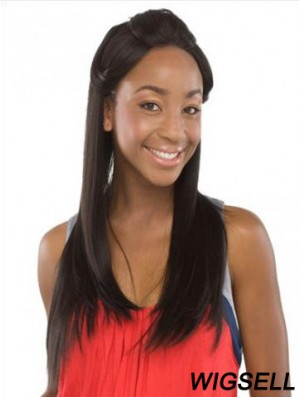 Without Bangs Sleek Straight Black Long Human Hair Lace Front Wigs