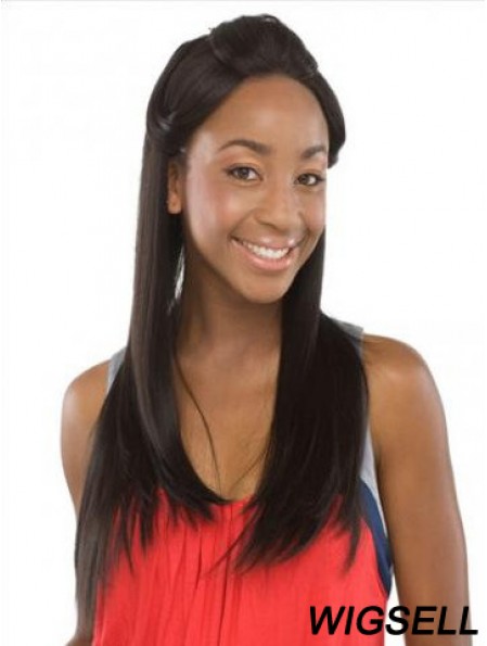 Without Bangs Sleek Straight Black Long Human Hair Lace Front Wigs