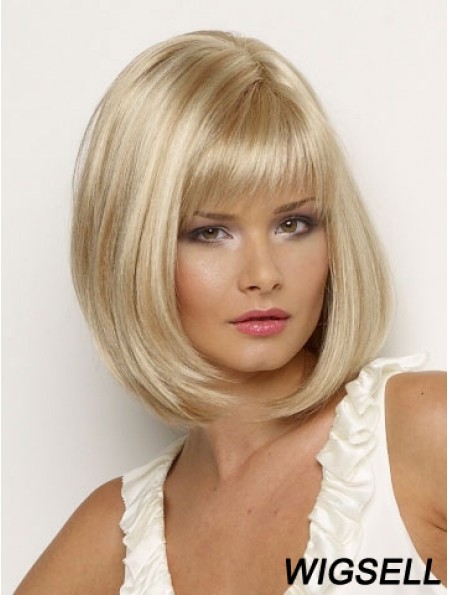 Chin Length Blonde Wig Synthetic Wig With Bangs Straight Hair