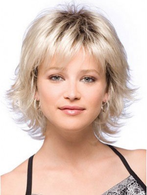 Blonde Wig Chin Length Wig With Bangs Cheap Flipped Synthetic Wig UK