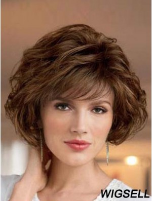 UK Synthetic Wigs Bobs Cut Short Length Brown Color Wavy Style