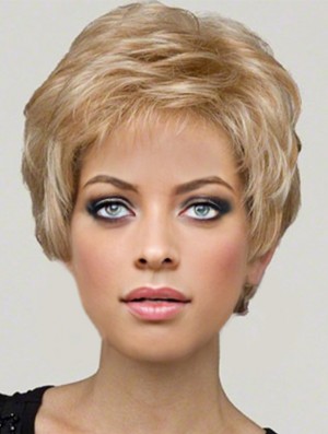 Lace Wig Synthetic Hair Boycuts Short Length Wavy Style Blonde Color