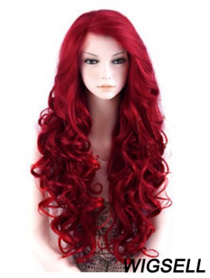 24 inch Red Long Wavy Large Cap Synthetic Lace Front Wigs