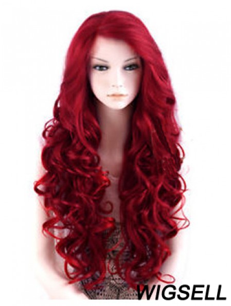 24 inch Red Long Wavy Large Cap Synthetic Lace Front Wigs