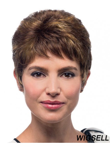 Cropped Straight Boycuts Brown Suitable 100% Hand-tied Wigs