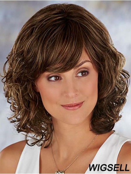 Brown Shoulder Length Wavy With Bangs 13 inch Soft Medium Wigs