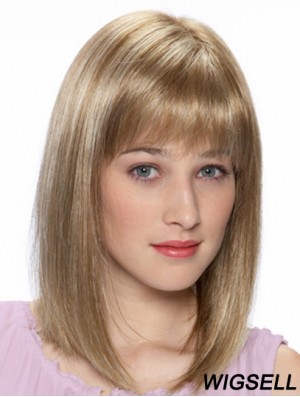 Blonde Shoulder Length Straight With Bangs 14 inch Cheap Medium Wigs