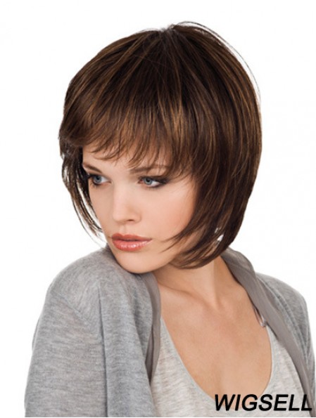 Brown Chin Length Straight With Bangs 10 inch Natural Medium Wigs